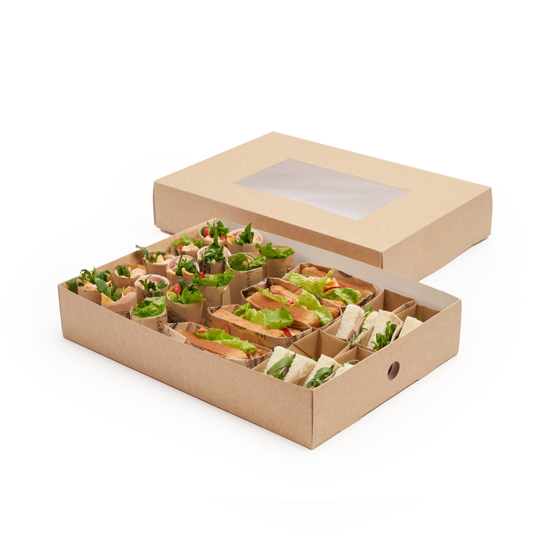 Slide Tek Rectangle Kraft Paper Catering Tray - with Window - 17 3/4" x 12 1/4" x 3 1/4" - 10 count box