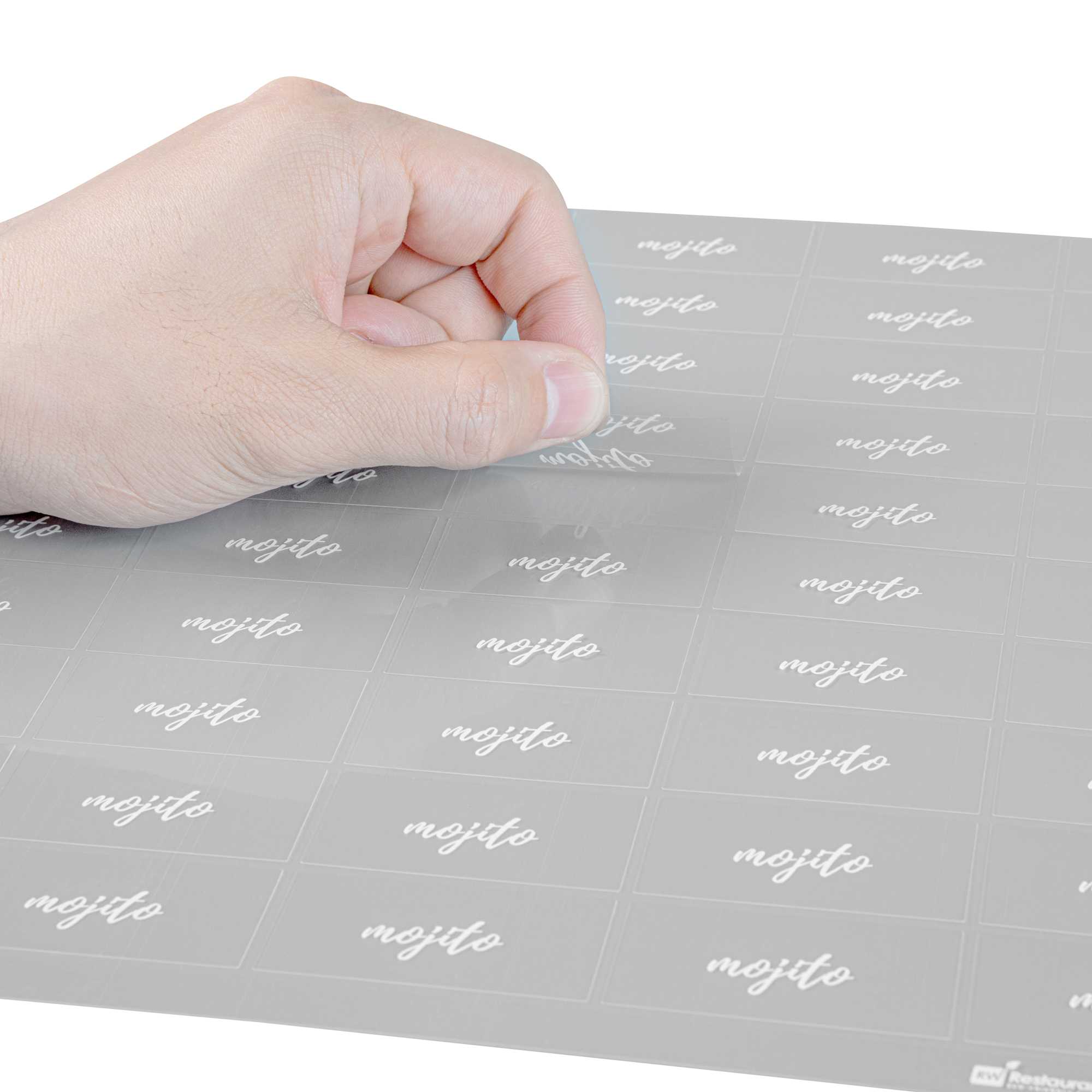 Label Tek Plastic Mojito Label - Clear with White Font, Water-Resistant - 2" x 1" - 100 count box