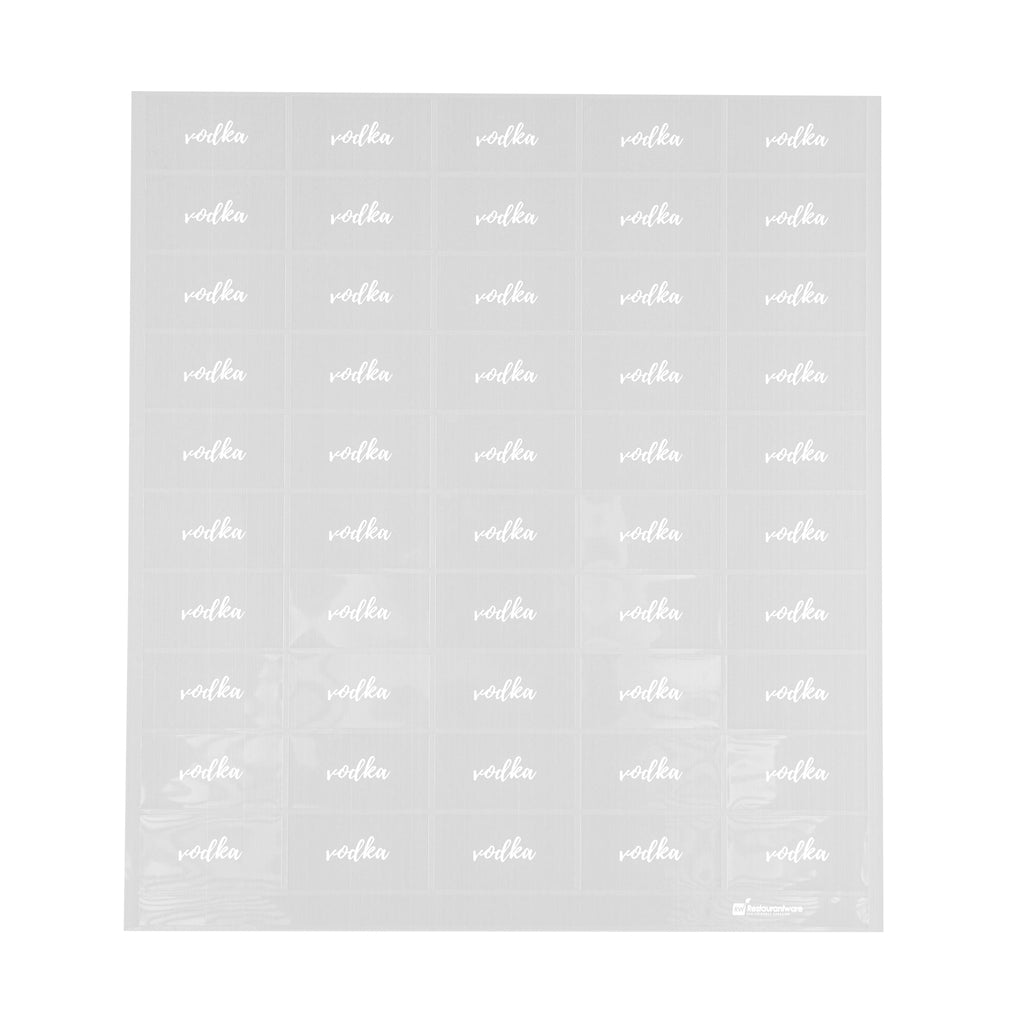 Label Tek Plastic Vodka Label - Clear with White Font, Water-Resistant - 2" x 1" - 100 count box