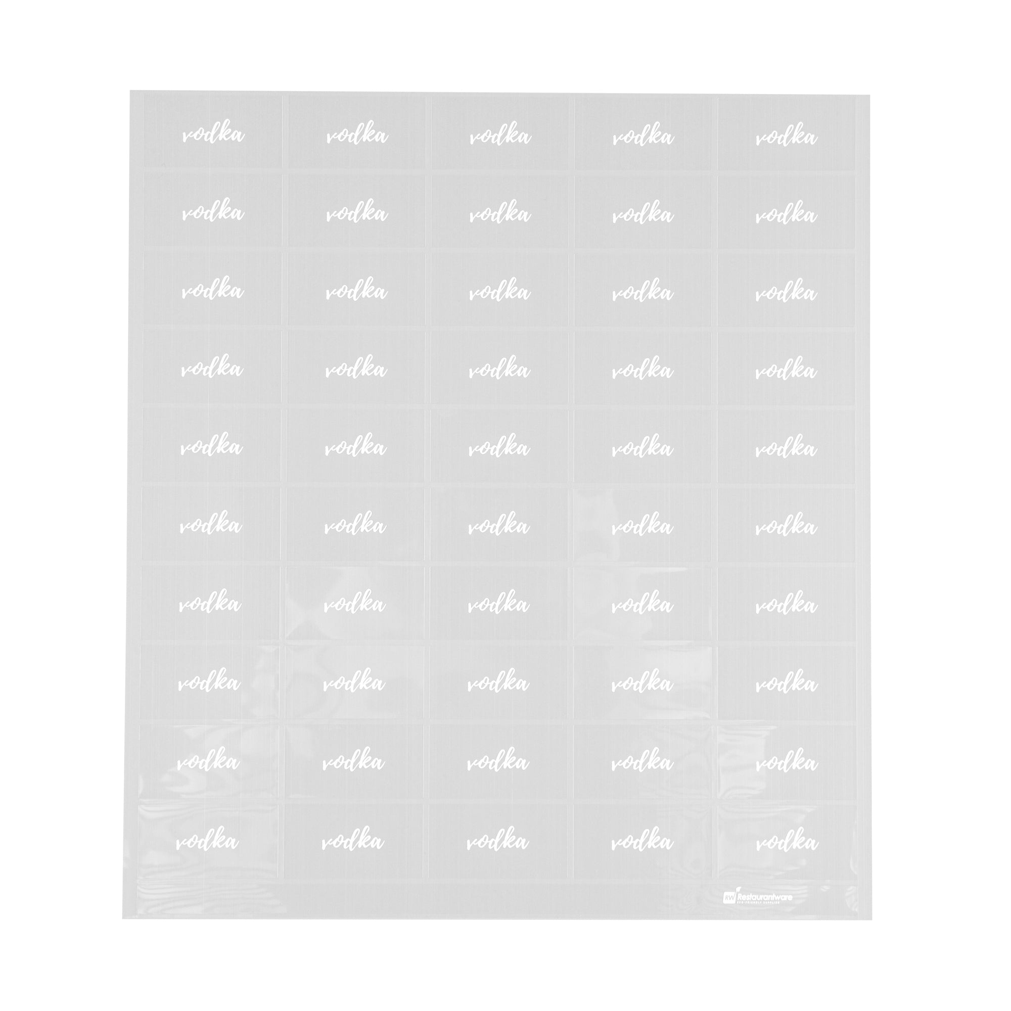 Label Tek Plastic Vodka Label - Clear with White Font, Water-Resistant - 2" x 1" - 100 count box