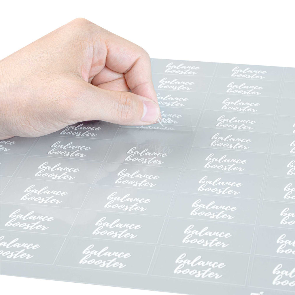 Label Tek Plastic Balance Booster Label - Clear with White Font, Water-Resistant - 2" x 1" - 100 count box