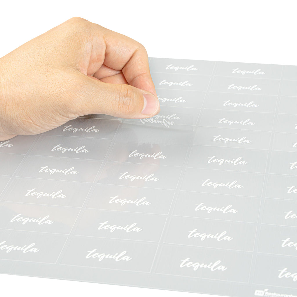 Label Tek Plastic Tequila Label - Clear with White Font, Water-Resistant - 2" x 1" - 100 count box