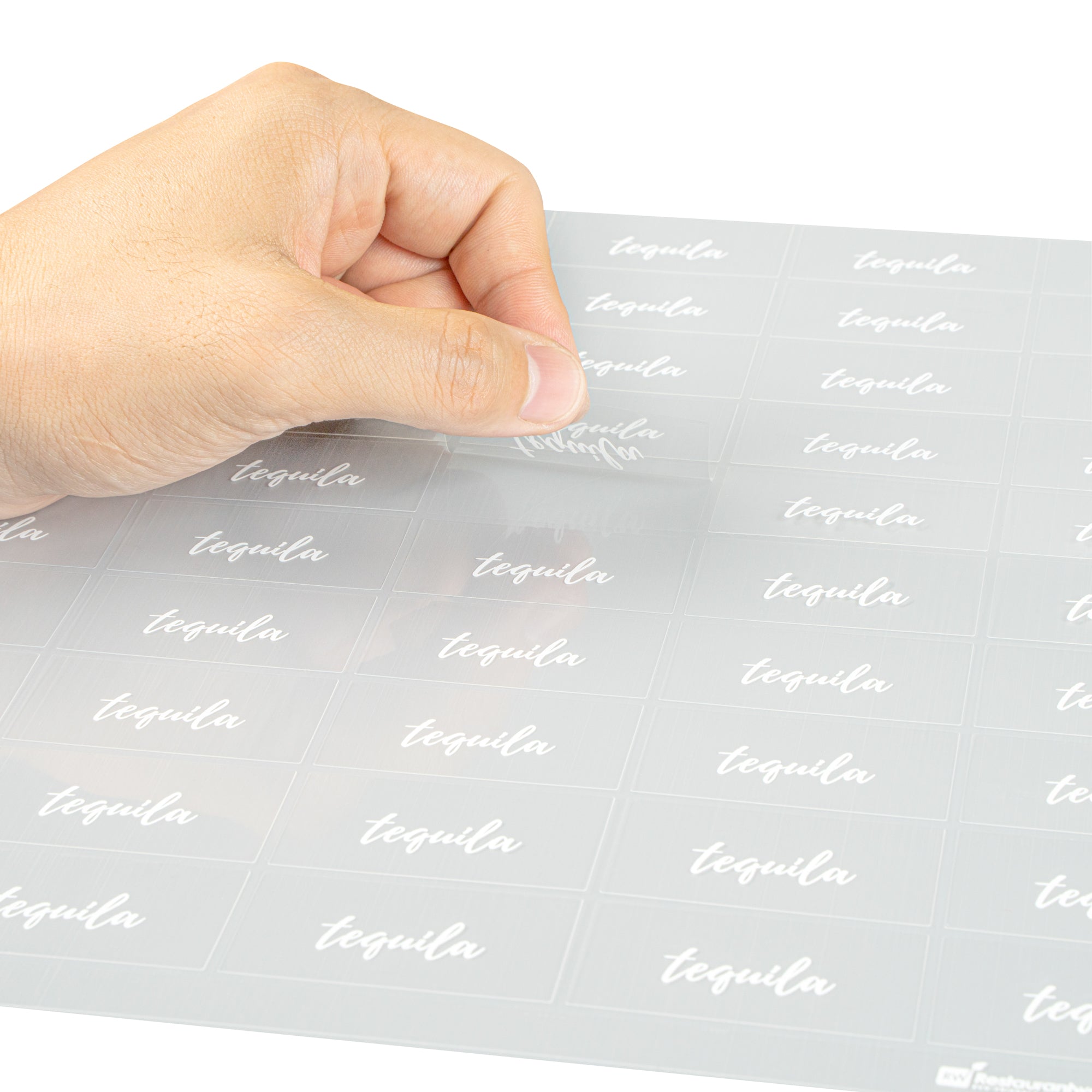 Label Tek Plastic Tequila Label - Clear with White Font, Water-Resistant - 2" x 1" - 100 count box