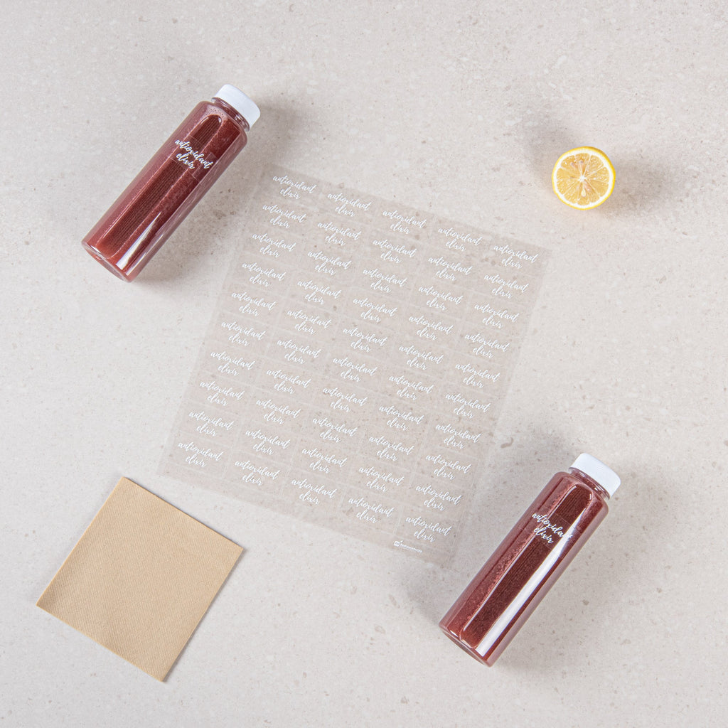 Label Tek Plastic Antioxidant Elixir Label - Clear with White Font, Water-Resistant - 2" x 1" - 100 count box