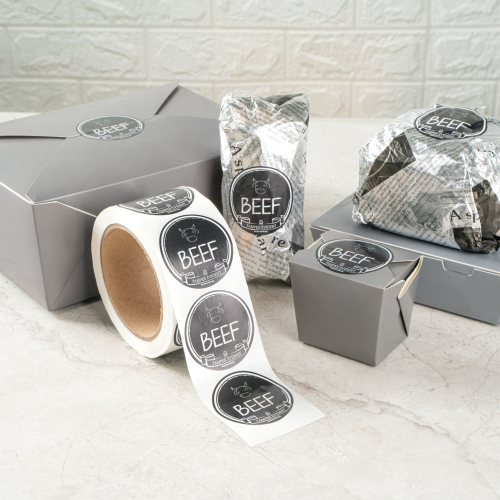 Label Tek Plastic Beef Label - Black with White Font, Tamper-Evident - 2" x 2" - 500 count box