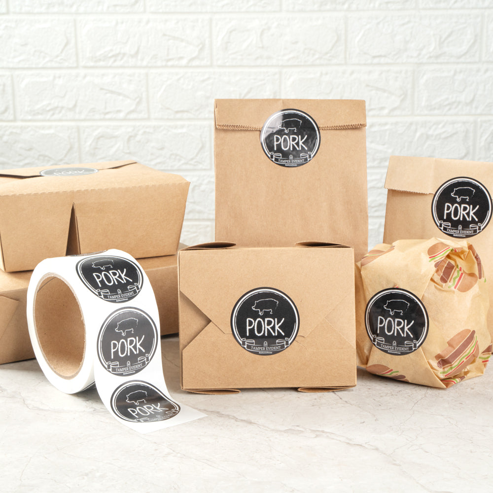 Label Tek Plastic Pork Label - Black with White Font, Tamper-Evident - 2" x 2" - 500 count box