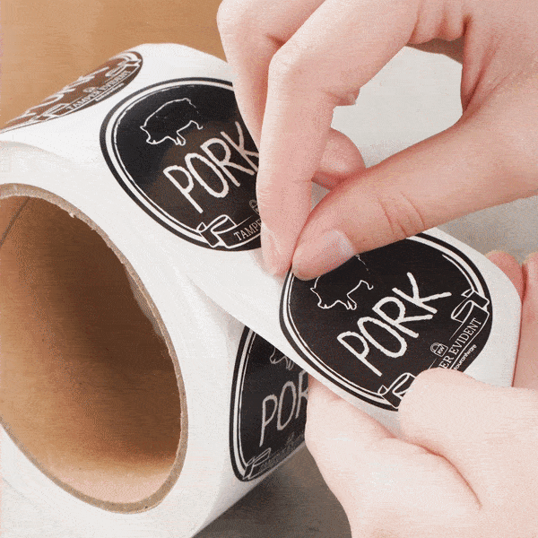 Label Tek Plastic Pork Label - Black with White Font, Tamper-Evident - 2" x 2" - 500 count box