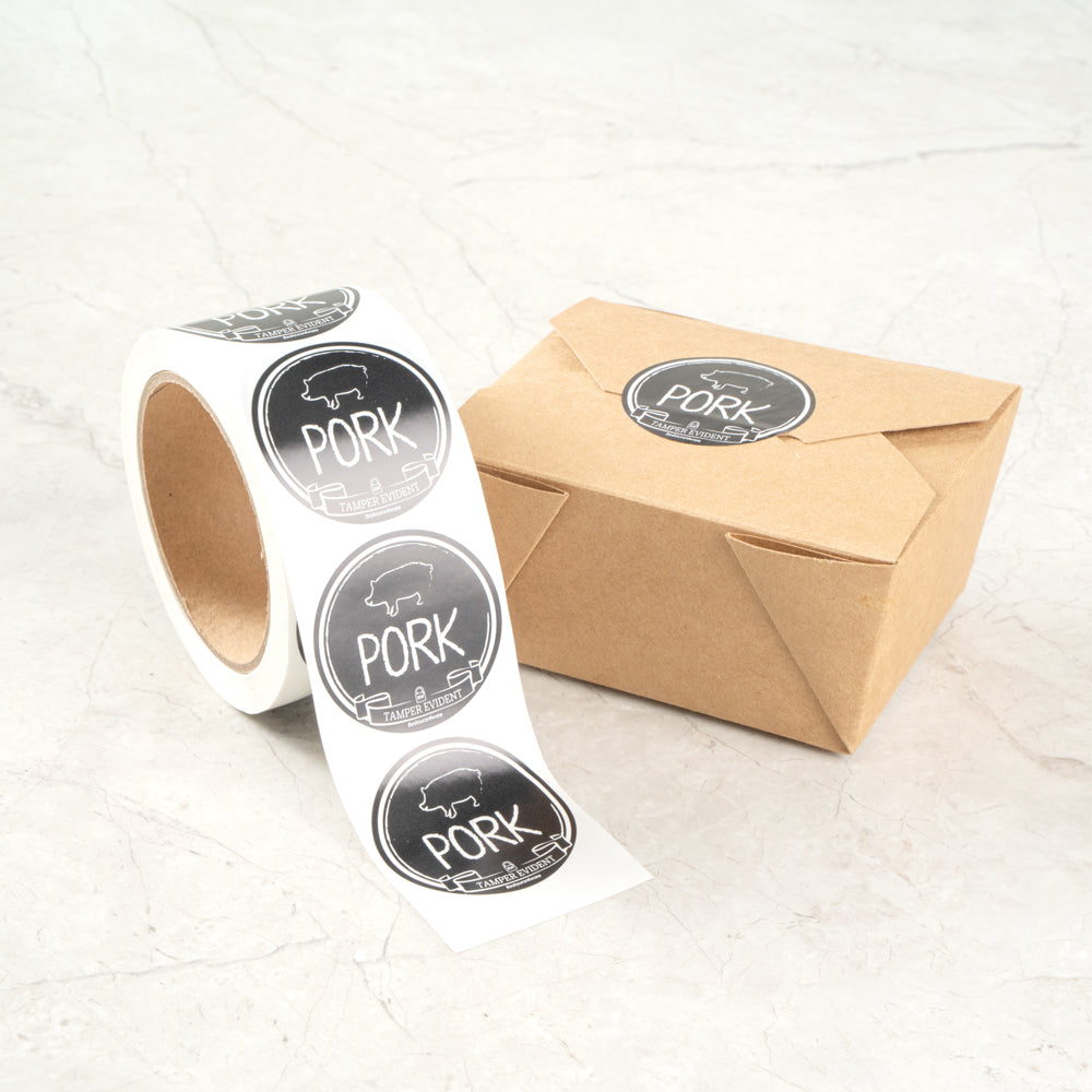 Label Tek Plastic Pork Label - Black with White Font, Tamper-Evident - 2" x 2" - 500 count box