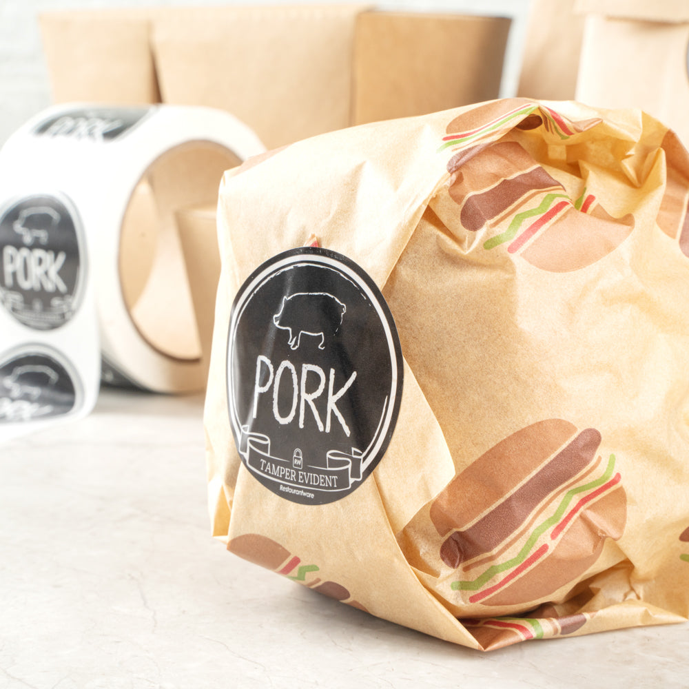 Label Tek Plastic Pork Label - Black with White Font, Tamper-Evident - 2" x 2" - 500 count box