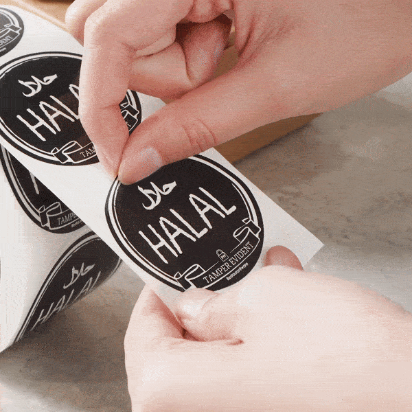 Label Tek Plastic Halal Label - Black with White Font, Tamper-Evident - 2" x 2" - 500 count box