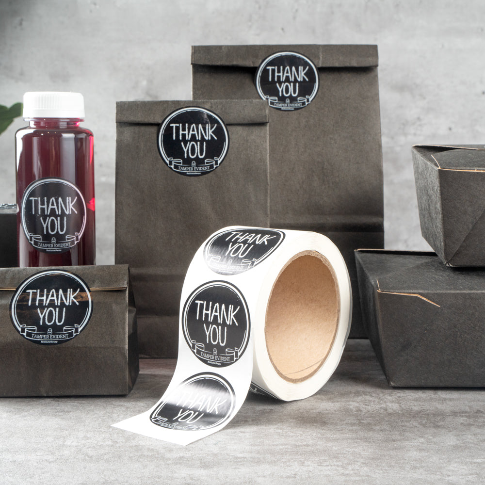 Label Tek Plastic Thank You Label - Black with White Font, Tamper-Evident - 2" x 2" - 500 count box