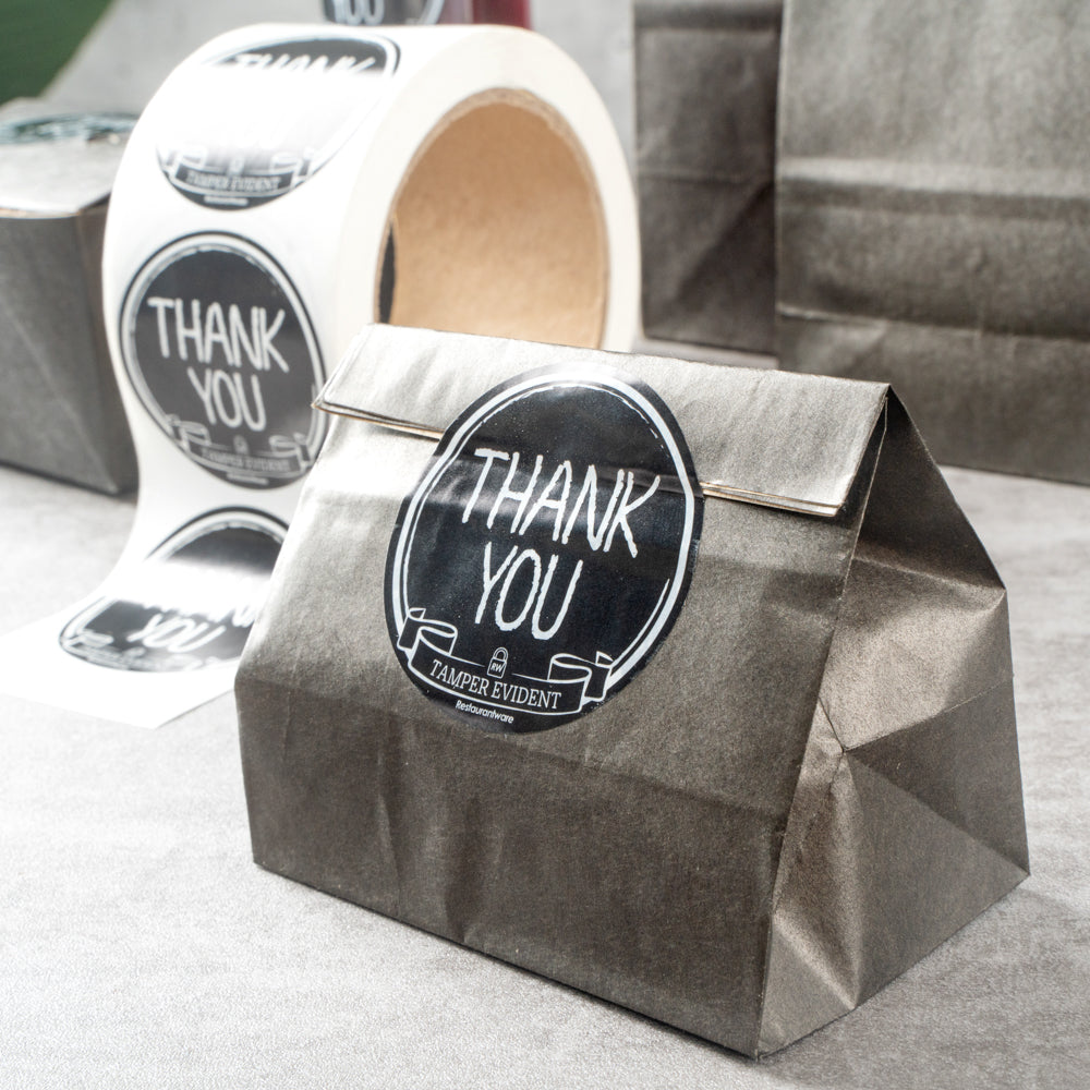 Label Tek Plastic Thank You Label - Black with White Font, Tamper-Evident - 2" x 2" - 500 count box