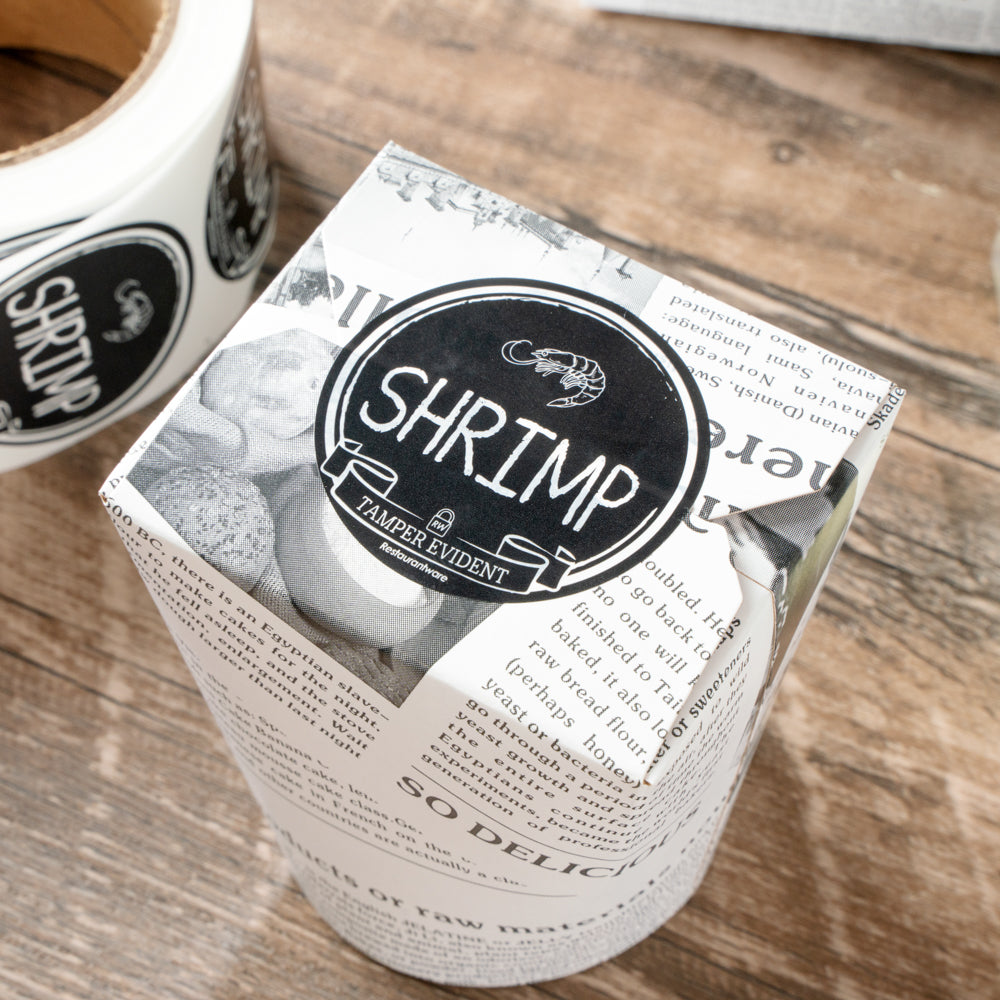 Label Tek Plastic Shrimp Label - Black with White Font, Tamper-Evident - 2" x 2" - 500 count box