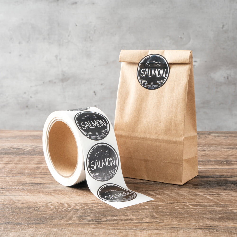 Label Tek Plastic Salmon Label - Black with White Font, Tamper-Evident - 2" x 2" - 500 count box