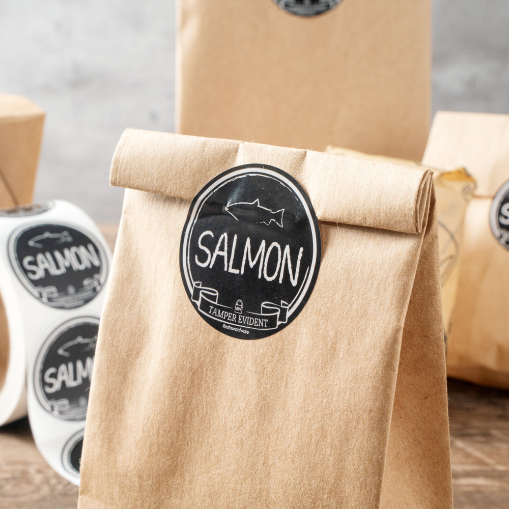 Label Tek Plastic Salmon Label - Black with White Font, Tamper-Evident - 2" x 2" - 500 count box