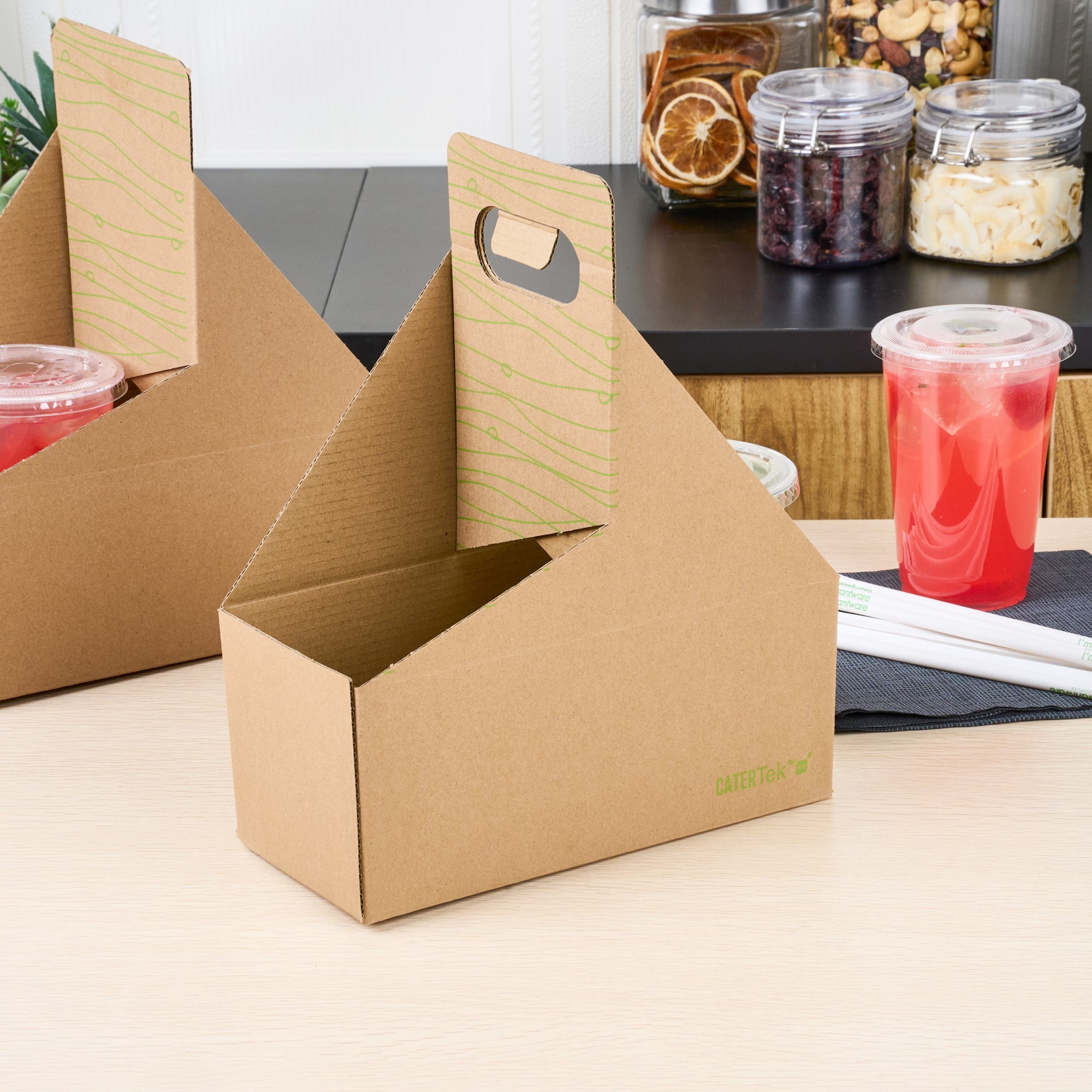 Cater Tek Kraft and Green Paper Drink Carrier - Holds 2 - 9" x 4 1/2" x 4" - 100 count box