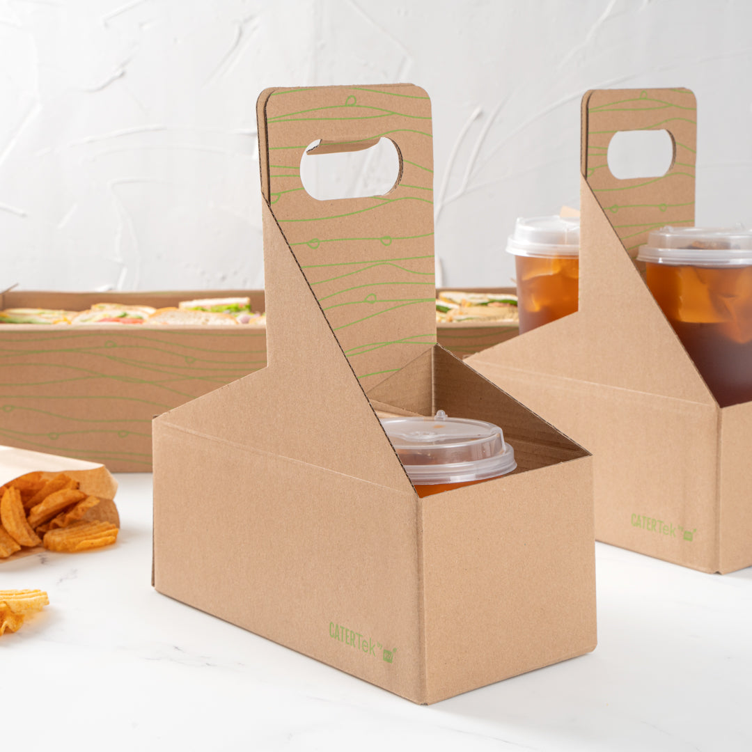 Cater Tek Kraft and Green Paper Drink Carrier - Holds 2 - 9" x 4 1/2" x 4" - 100 count box