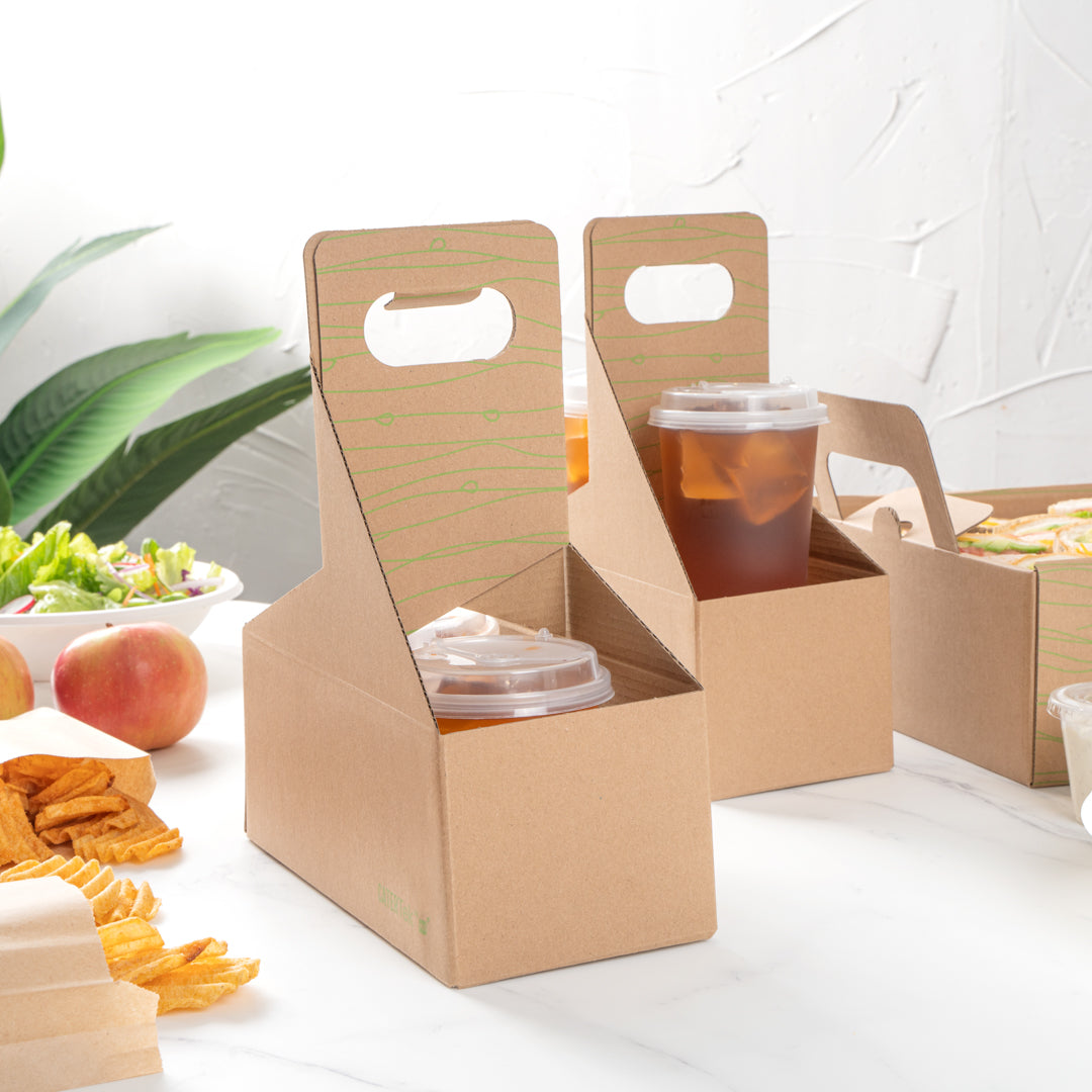 Cater Tek Kraft and Green Paper Drink Carrier - Holds 2 - 9" x 4 1/2" x 4" - 100 count box