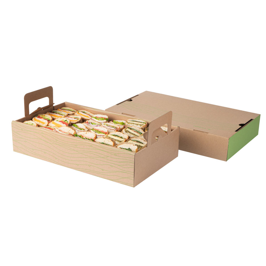 Cater Tek Rectangle Kraft and Green Paper Catering Tray - with Cover - 20" x 11 3/4" x 3 1/4" - 10 count box
