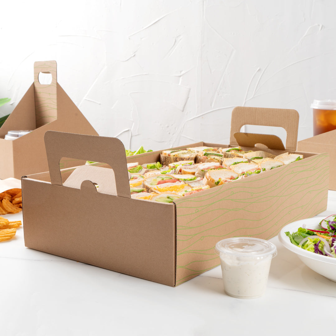 Cater Tek Rectangle Kraft and Green Paper Catering Tray - with Cover - 20" x 11 3/4" x 3 1/4" - 10 count box