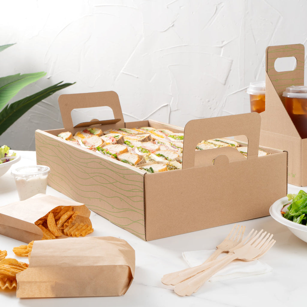Cater Tek Rectangle Kraft and Green Paper Catering Tray - with Cover - 20" x 11 3/4" x 3 1/4" - 10 count box