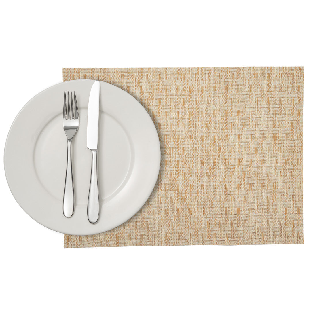 Speculo Rectangle Tan Vinyl Woven Placemat - Wave Pattern - 16" x 12" - 6 count box
