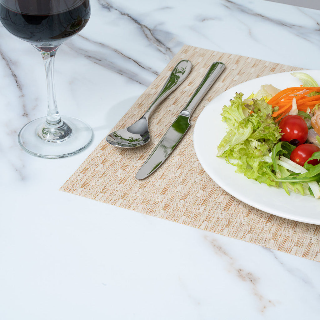 Speculo Rectangle Tan Vinyl Woven Placemat - Wave Pattern - 16" x 12" - 6 count box