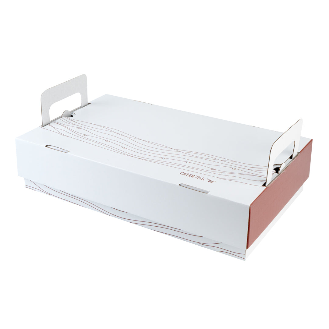 Cater Tek Rectangle White and Brown Paper Catering Tray - with Cover - 20" x 11 3/4" x 3 1/4" - 10 count box