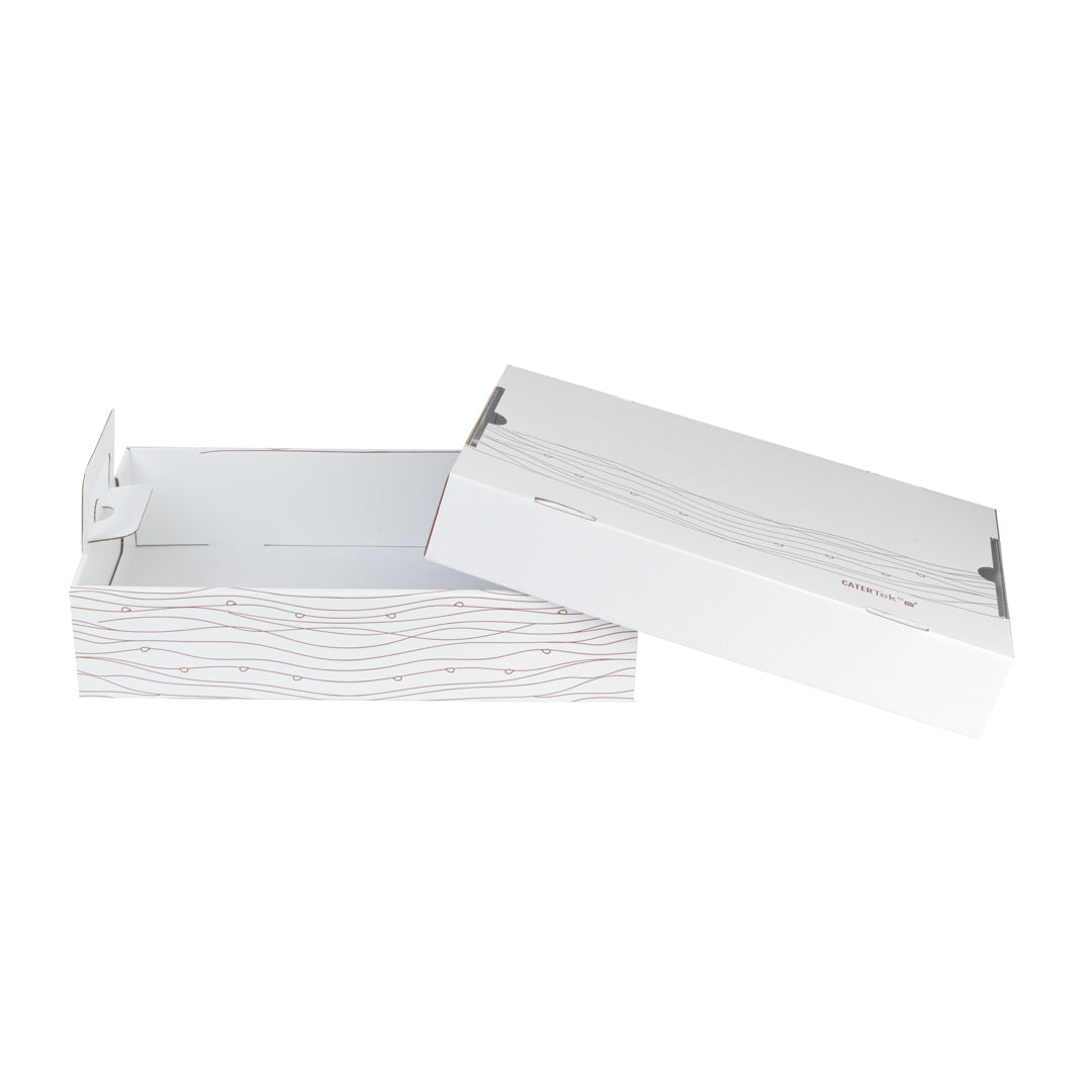 Cater Tek Rectangle White and Brown Paper Catering Tray - with Cover - 20" x 11 3/4" x 3 1/4" - 10 count box