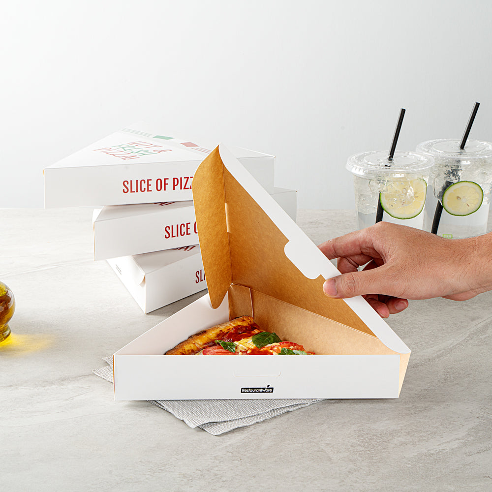 Eco Pie White Paper Pizza Slice Box - Hot & Fresh, Clamshell - 9 1/4" x 10 1/4" x 1 3/4" - 100 count box