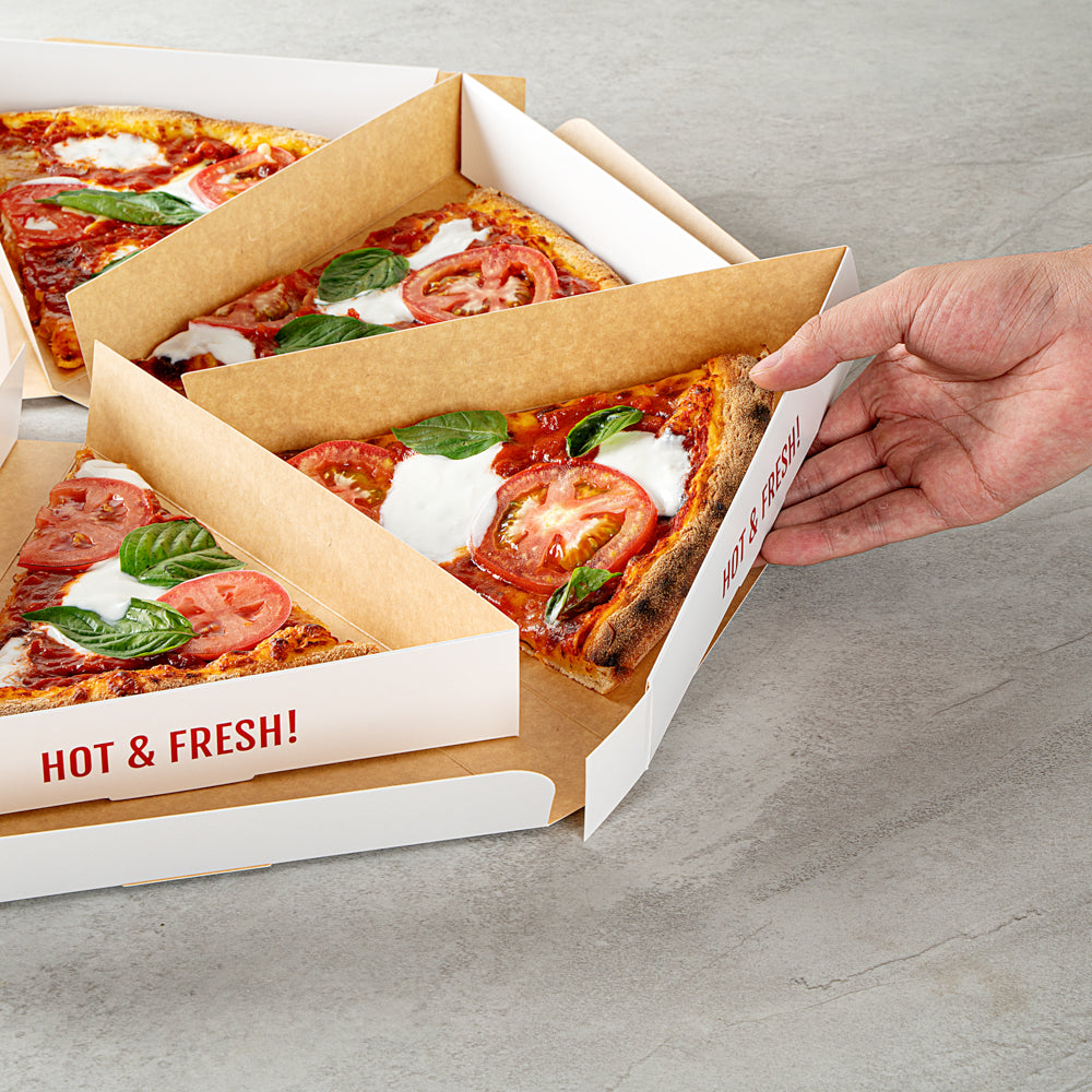 Eco Pie White Paper Pizza Slice Box - Hot & Fresh, Clamshell - 9 1/4" x 10 1/4" x 1 3/4" - 100 count box