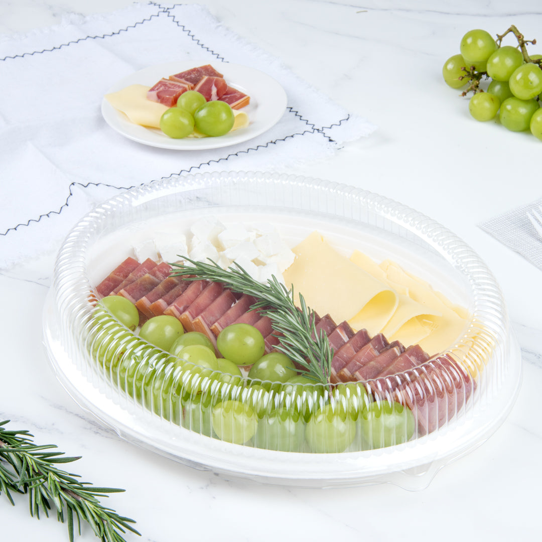 Pulp Safe Oval Clear Plastic Ripple Dome Lid - Fits Sugarcane / Bagasse Large Plate - 100 count box