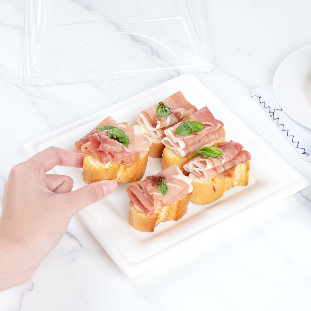 Pulp Safe Square Clear Plastic Dome Lid - Fits Sugarcane / Bagasse Medium Plate - 100 count box