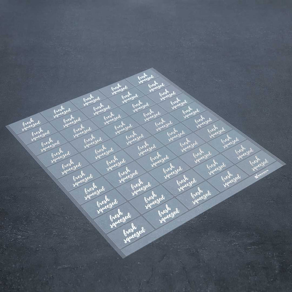 Label Tek Plastic Fresh Squeezed Label - Clear with White Font, Water-Resistant - 2" x 1" - 100 count box