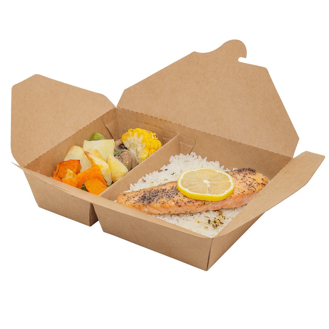 Bio Tek 50 oz Rectangle Kraft Paper #5 Bio Box Take Out Container - 2-Compartment - 8 1/2" x 6" x 1 3/4" - 200 count box