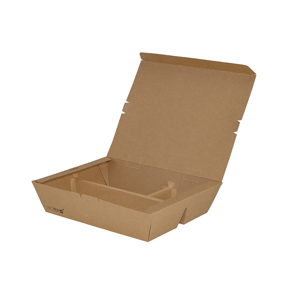 Bio Tek 51 oz Rectangle Kraft Paper Bento Box - 3-Compartment - 9 1/2" x 7 1/2" x 2" - 100 count box