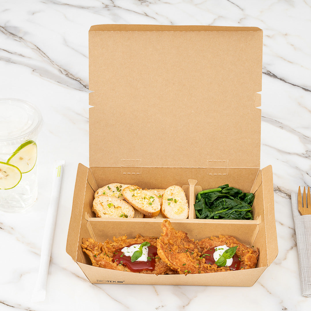 Bio Tek 51 oz Rectangle Kraft Paper Bento Box - 3-Compartment - 9 1/2" x 7 1/2" x 2" - 100 count box