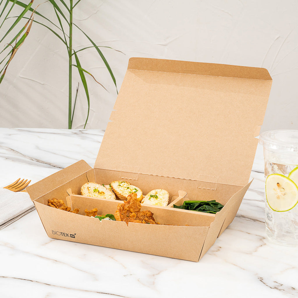 Bio Tek 51 oz Rectangle Kraft Paper Bento Box - 3-Compartment - 9 1/2" x 7 1/2" x 2" - 100 count box