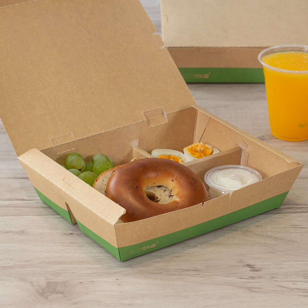Eco Tek 51 oz Rectangle Kraft and Green Paper Bento Box - 3-Compartment, Compostable - 9 1/2" x 7 1/2" x 2" - 100 count box