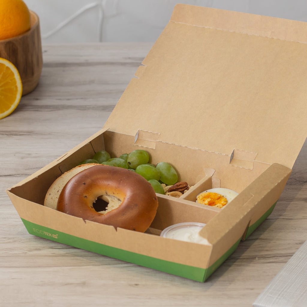 Eco Tek 51 oz Rectangle Kraft and Green Paper Bento Box - 3-Compartment, Compostable - 9 1/2" x 7 1/2" x 2" - 100 count box