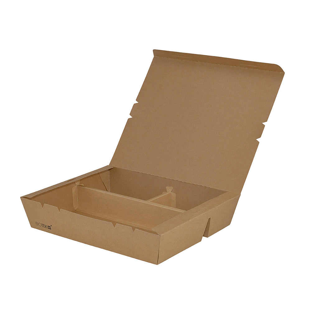 Bio Tek 78 oz Rectangle Kraft Paper Bento Box - 3-Compartment - 11" x 9" x 2" - 100 count box
