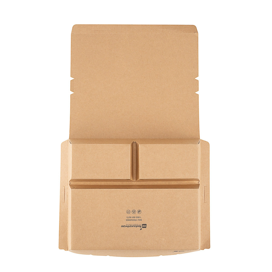 Bio Tek 78 oz Rectangle Kraft Paper Bento Box - 3-Compartment - 11" x 9" x 2" - 100 count box