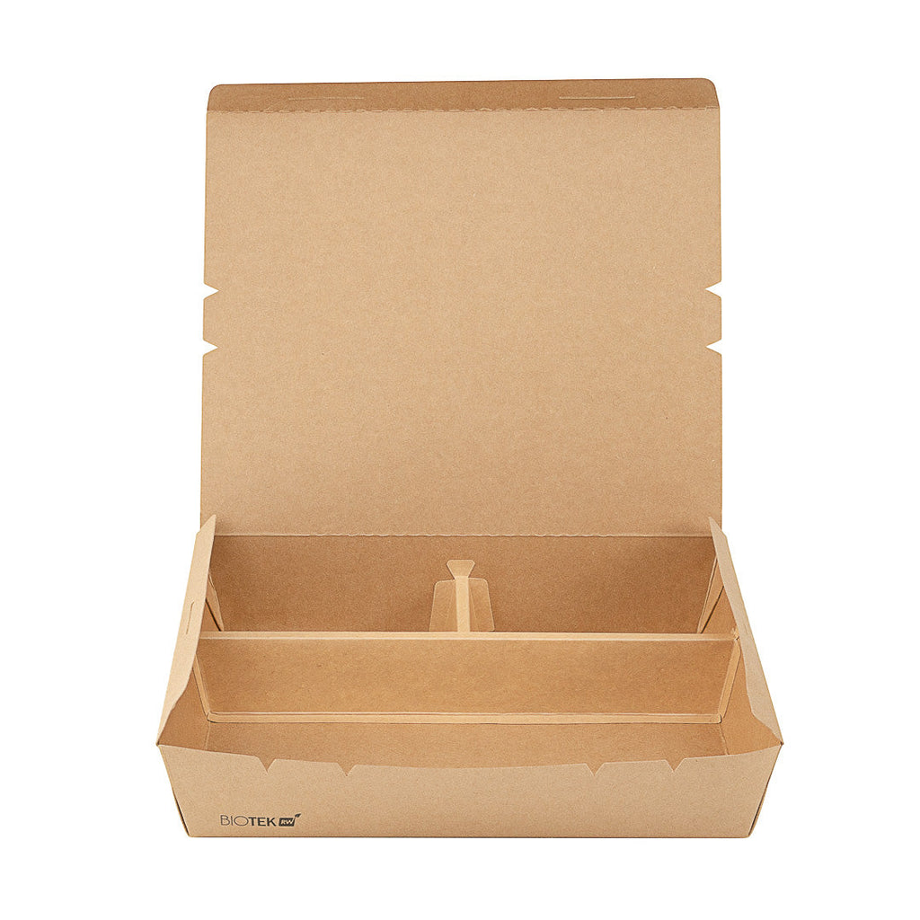 Bio Tek 78 oz Rectangle Kraft Paper Bento Box - 3-Compartment - 11" x 9" x 2" - 100 count box