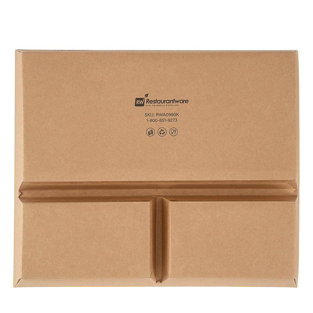 Bio Tek 78 oz Rectangle Kraft Paper Bento Box - 3-Compartment - 11" x 9" x 2" - 100 count box