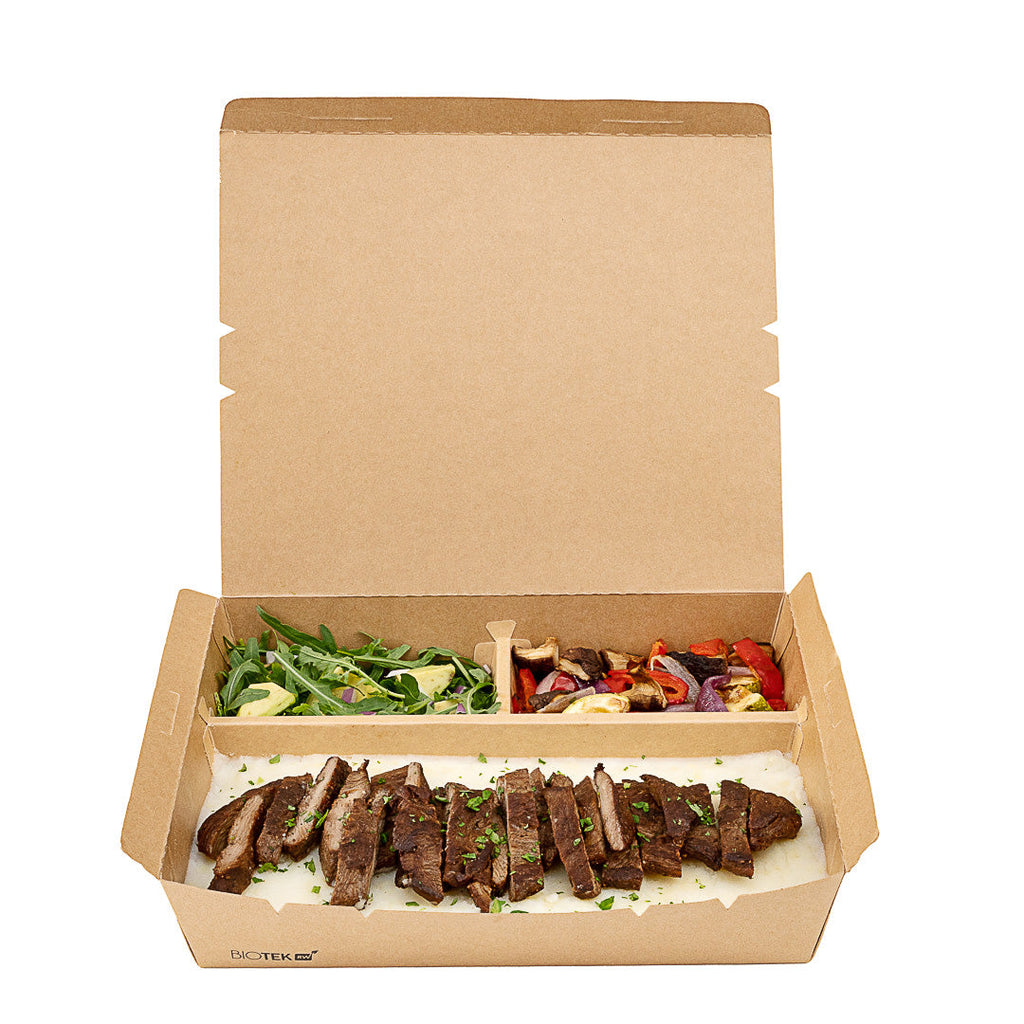Bio Tek 78 oz Rectangle Kraft Paper Bento Box - 3-Compartment - 11" x 9" x 2" - 100 count box