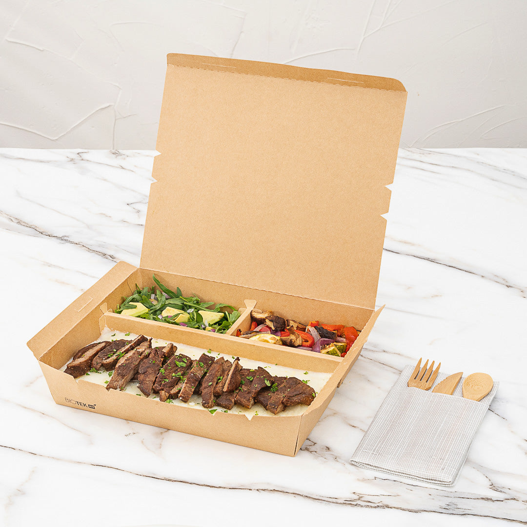 Bio Tek 78 oz Rectangle Kraft Paper Bento Box - 3-Compartment - 11" x 9" x 2" - 100 count box
