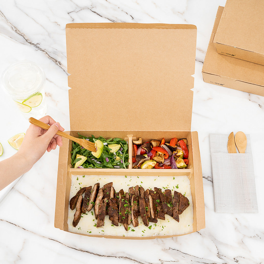 Bio Tek 78 oz Rectangle Kraft Paper Bento Box - 3-Compartment - 11" x 9" x 2" - 100 count box