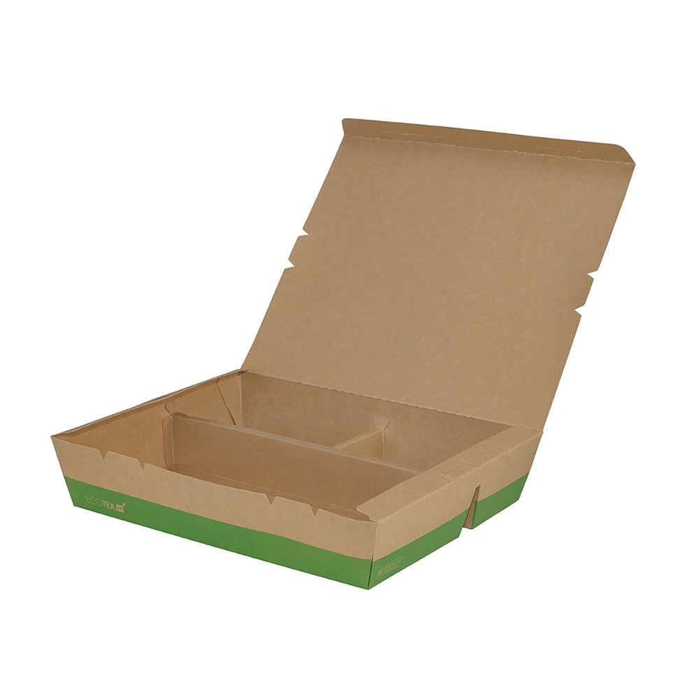 Eco Tek 78 oz Rectangle Kraft and Green Paper Bento Box - 3-Compartment, Compostable - 11" x 9" x 2" - 100 count box