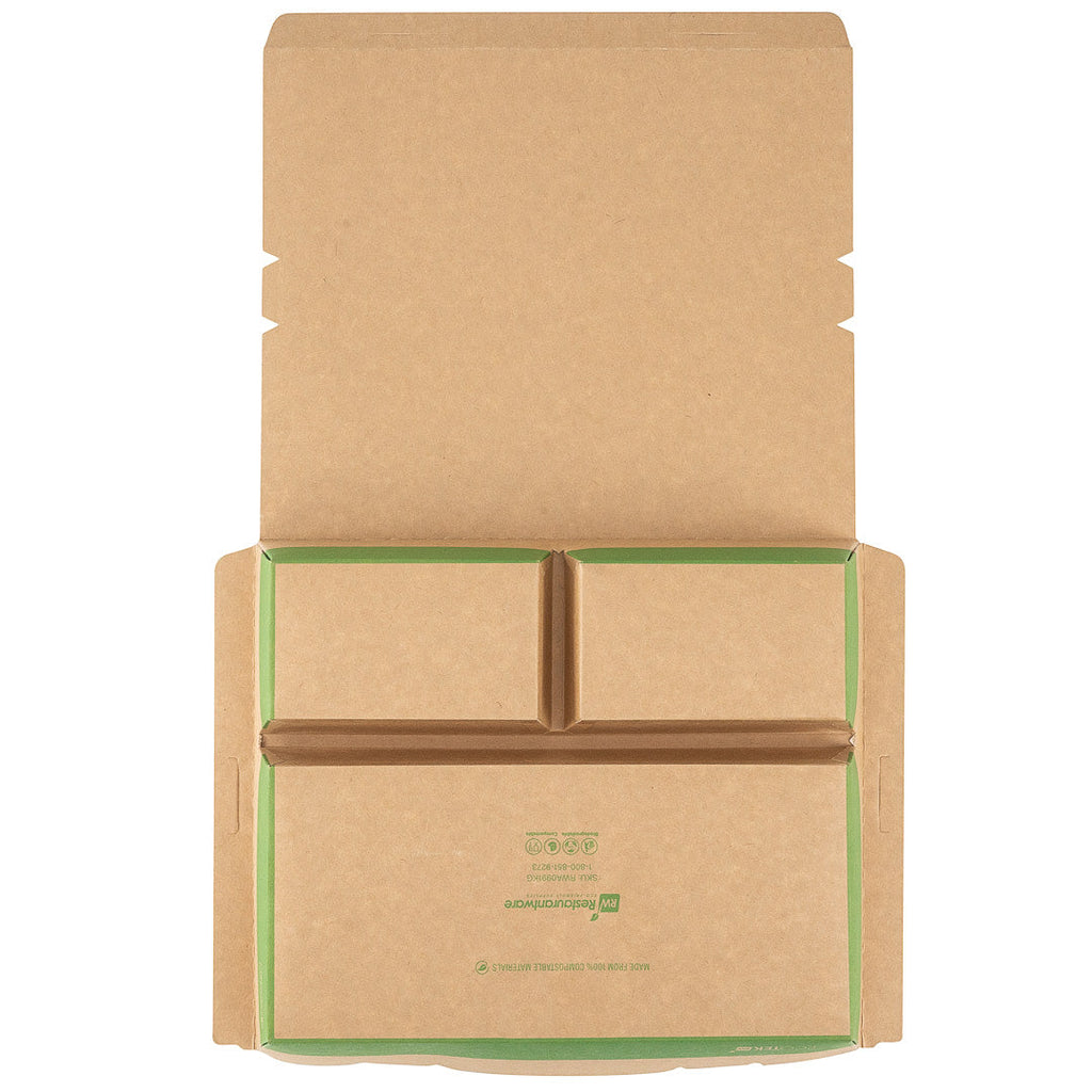 Eco Tek 78 oz Rectangle Kraft and Green Paper Bento Box - 3-Compartment, Compostable - 11" x 9" x 2" - 100 count box