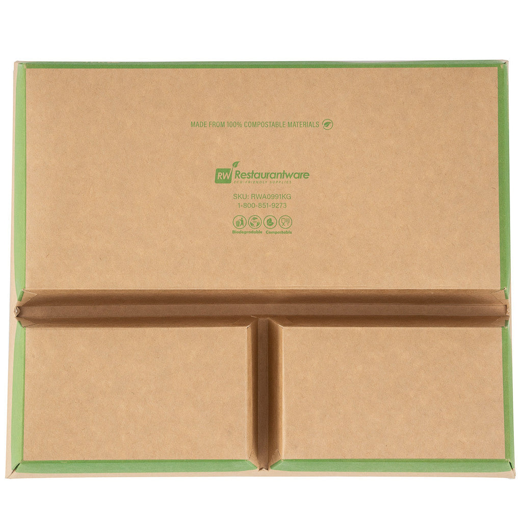 Eco Tek 78 oz Rectangle Kraft and Green Paper Bento Box - 3-Compartment, Compostable - 11" x 9" x 2" - 100 count box